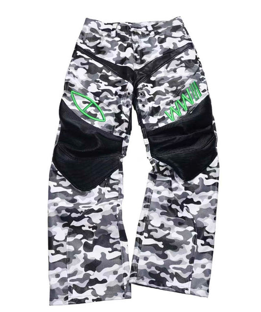 PCCVISION WWIIIWhite Camo Patchwork Motorcycle Leather Pants