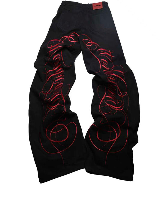 PCCVISION WWIII Black Embroidered Rivet Ultra-long Pants