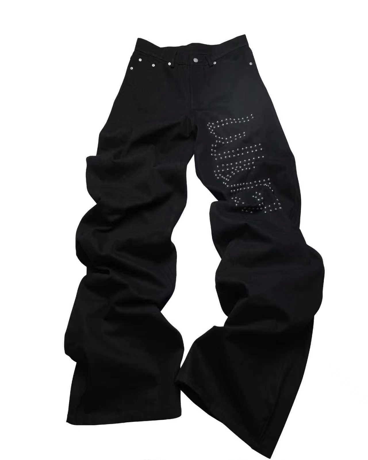 PCCVISION WWIII Black Embroidered Rivet Ultra-long Pants