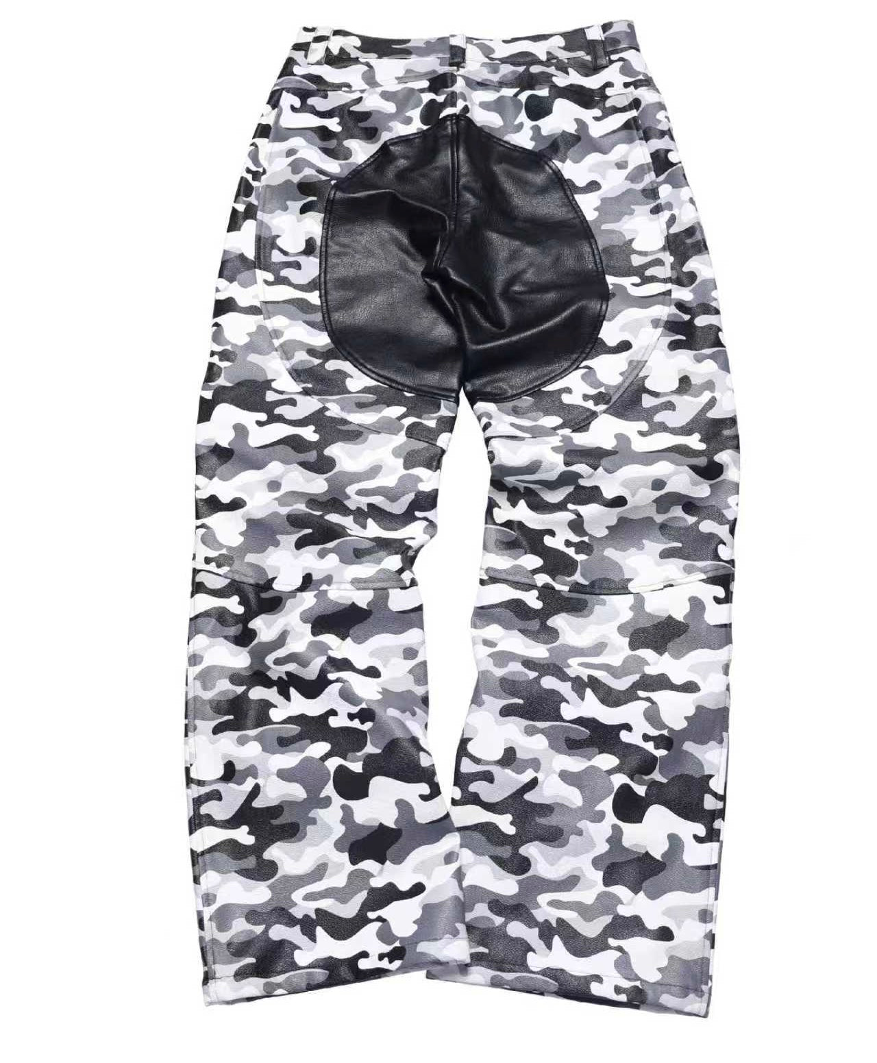 PCCVISION WWIIIWhite Camo Patchwork Motorcycle Leather Pants