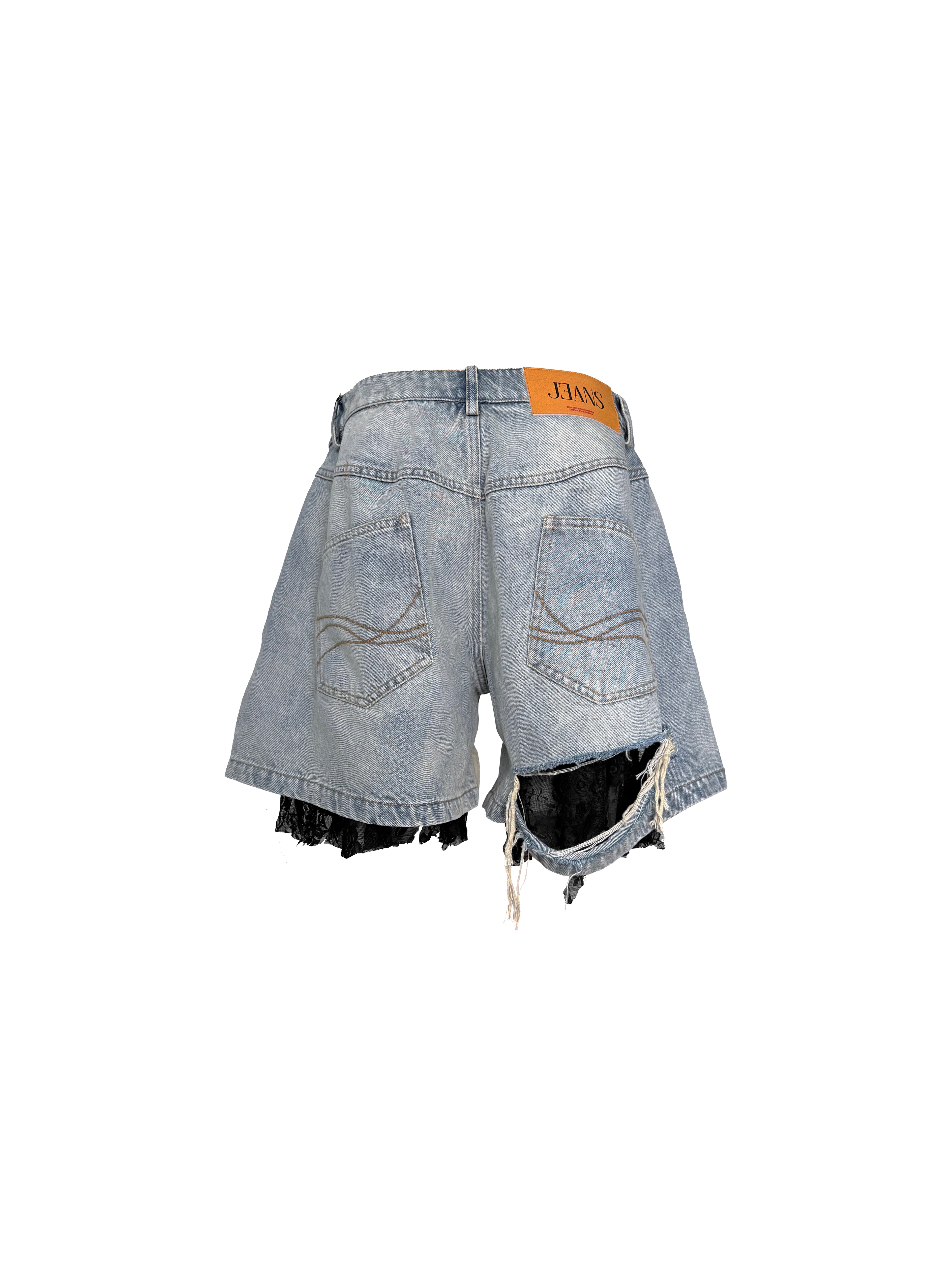 PCCVISION 3MANON Lace Patchwork Distressed Blue Denim Shorts