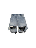 PCCVISION 3MANON Lace Patchwork Distressed Blue Denim Shorts