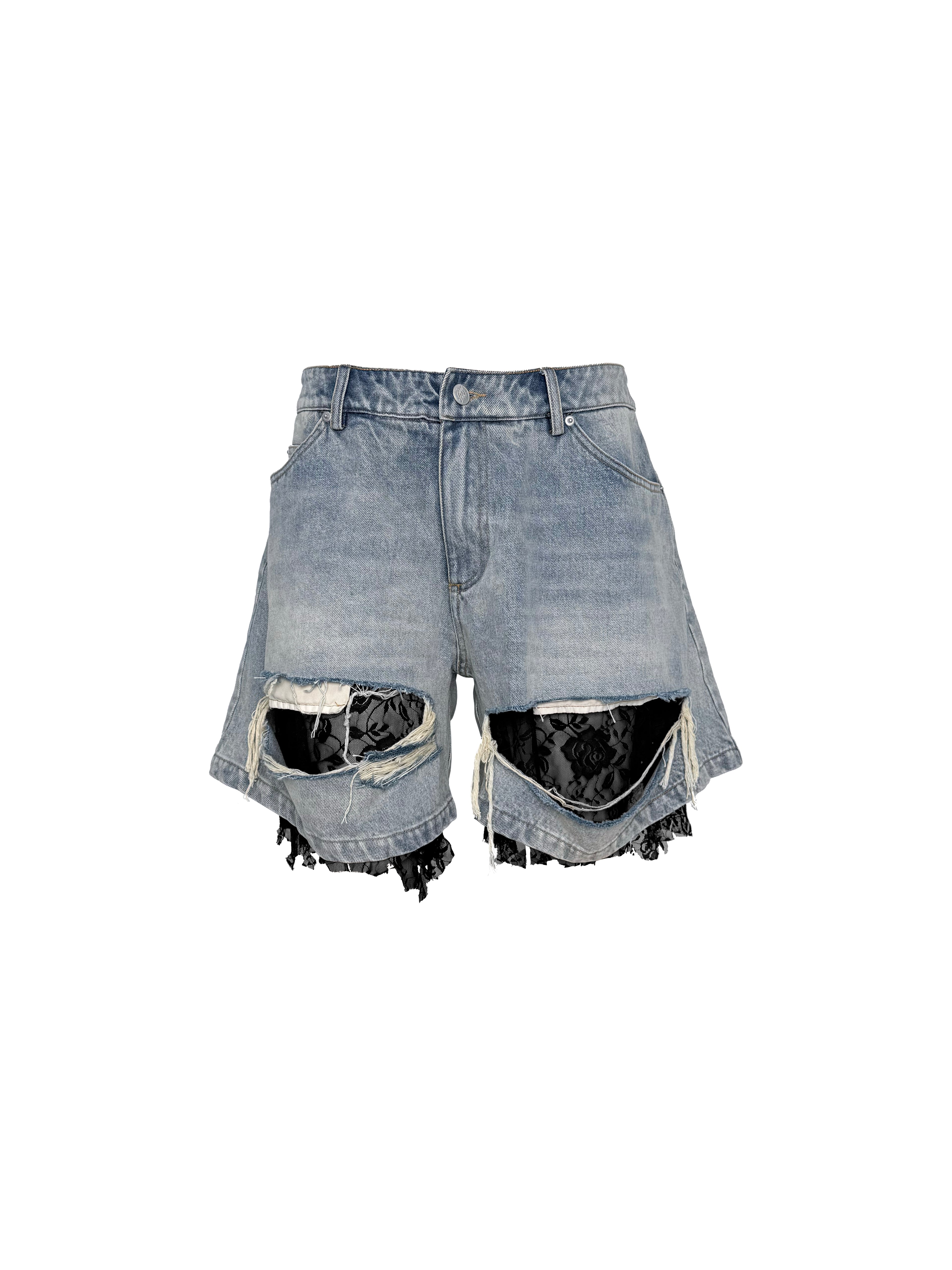 PCCVISION 3MANON Lace Patchwork Distressed Blue Denim Shorts