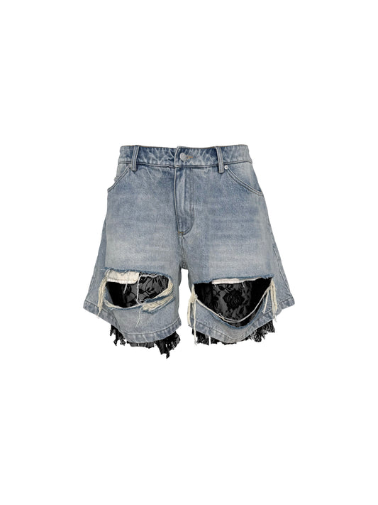 PCCVISION 3MANON Lace Patchwork Distressed Blue Denim Shorts