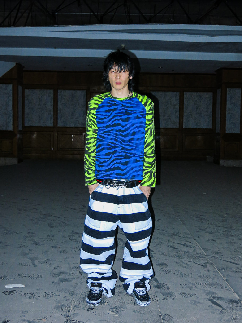 PCCVISION 3MANON Blue and Green Zebra Printed Raglan Long Sleeves