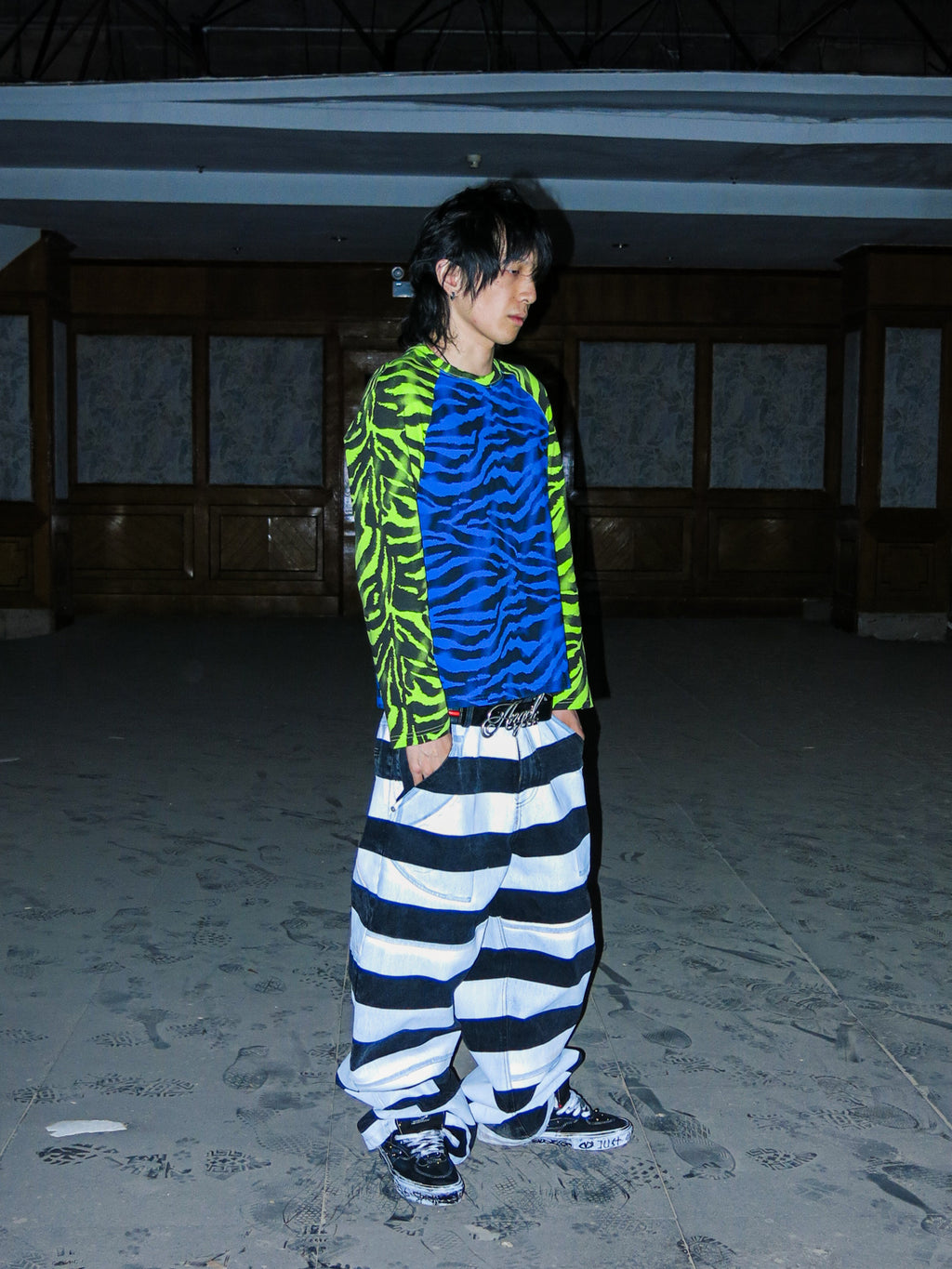 PCCVISION 3MANON Blue and Green Zebra Printed Raglan Long Sleeves