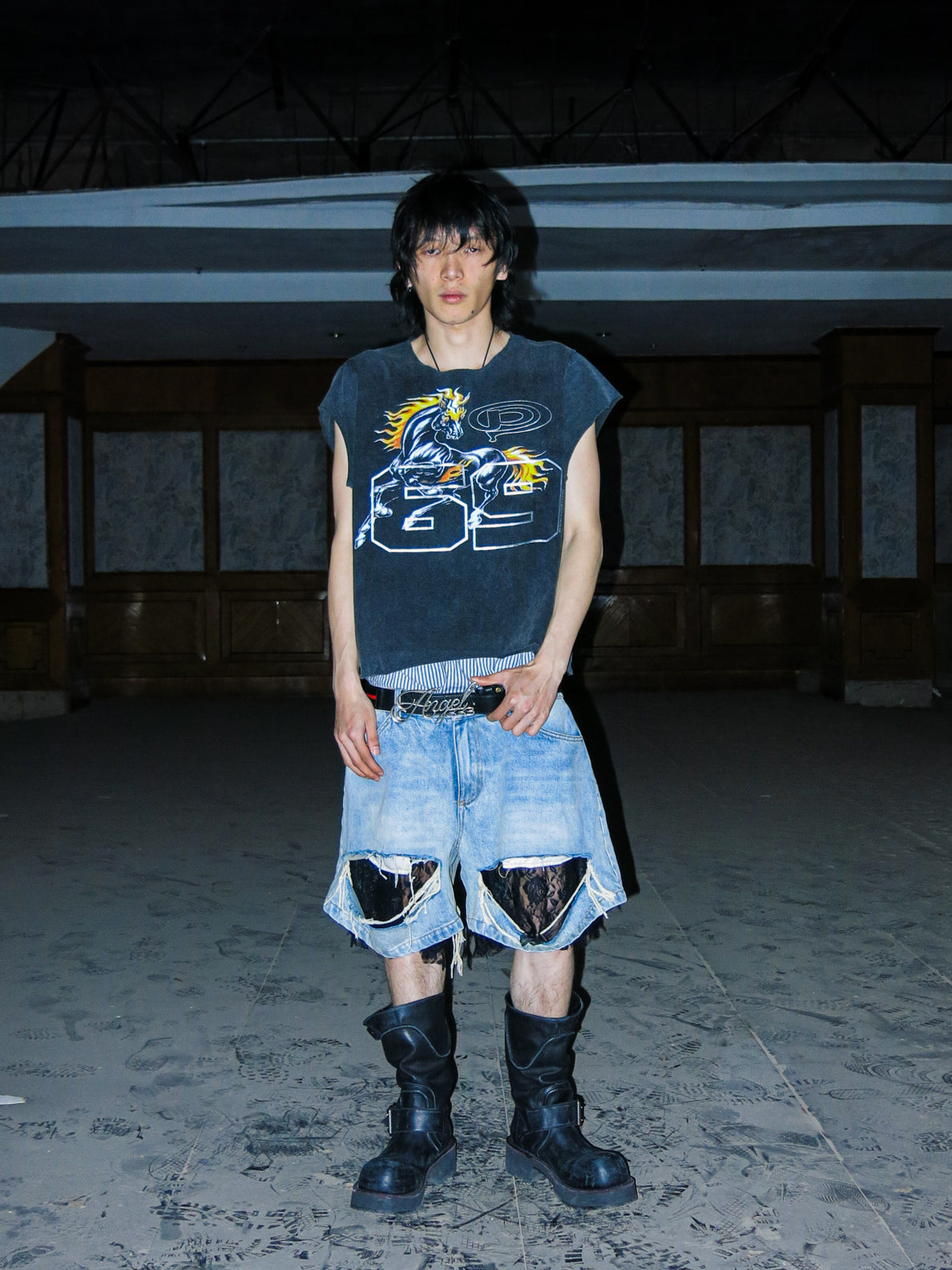 PCCVISION 3MANON 'HORSE69' Vintage-wash Print Tee