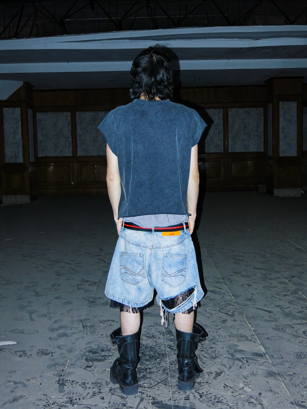 PCCVISION 3MANON Lace Patchwork Distressed Blue Denim Shorts