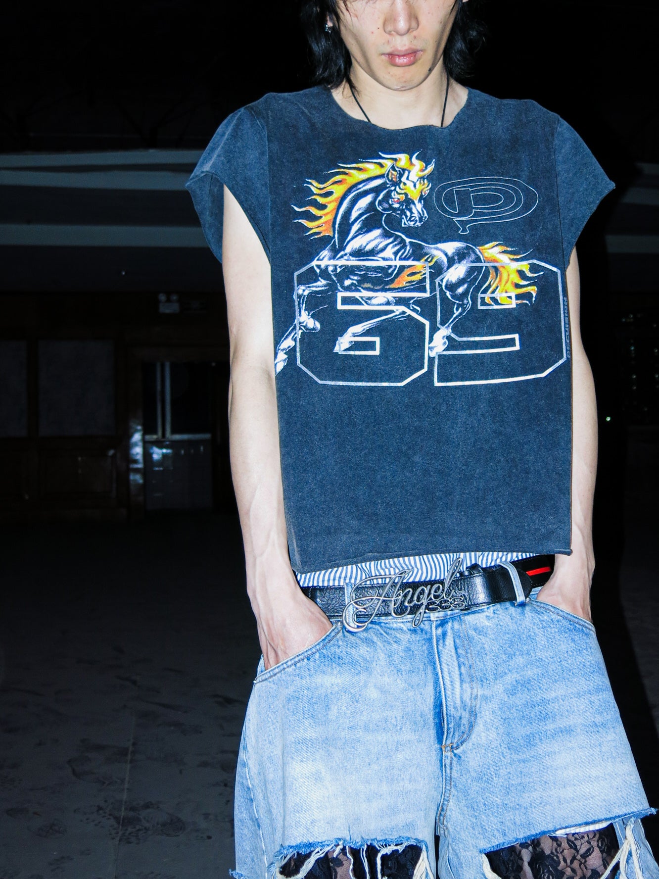 PCCVISION 3MANON 'HORSE69' Vintage-wash Print Tee